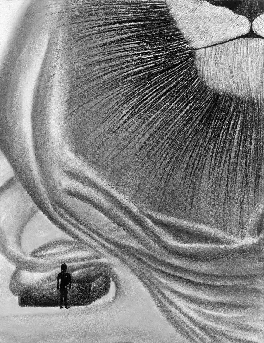 Charcoal drawing: a small figure standing beneath the vast face of a lion