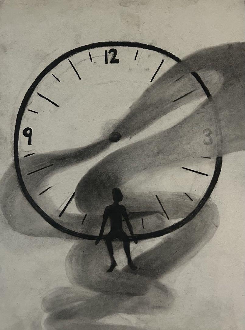 Charcoal drawing: a figure seated inside the rim of a great clock face
