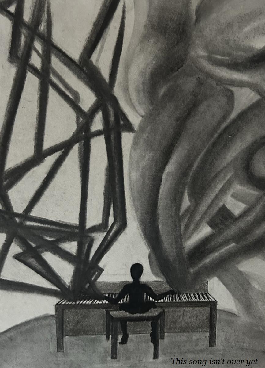Charcoal drawing: a figure at a piano amid wreckage and rising smoke — this song isn’t over yet