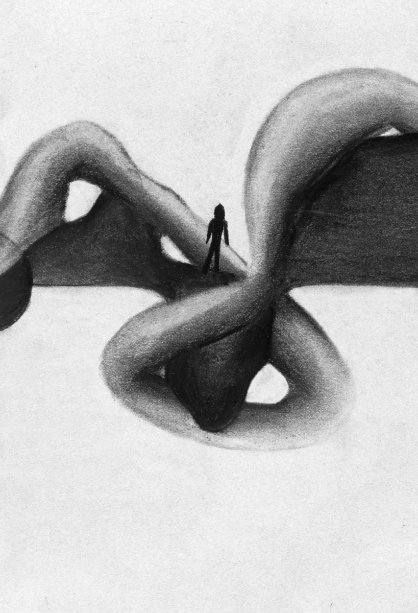 Charcoal drawing: a figure walking a path over strange knotted forms